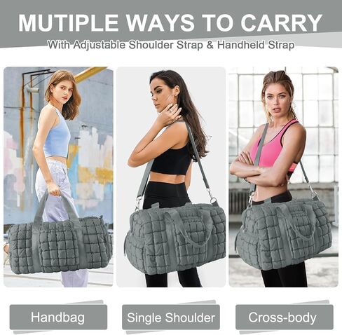 Quilted Gym Bag Duffle for Women,Duffle Bag for Travel with Shoes Compartment,Puffer Weekender Bag Overnight Carry On Duffel Bag with Trolley Sleeve for Airplanes,Personal Item Sports Dance Bag(Beige) in Saudi Arabia