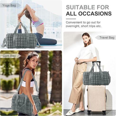 Quilted Gym Bag Duffle for Women,Duffle Bag for Travel with Shoes Compartment,Puffer Weekender Bag Overnight Carry On Duffel Bag with Trolley Sleeve for Airplanes,Personal Item Sports Dance Bag(Beige) in Saudi Arabia