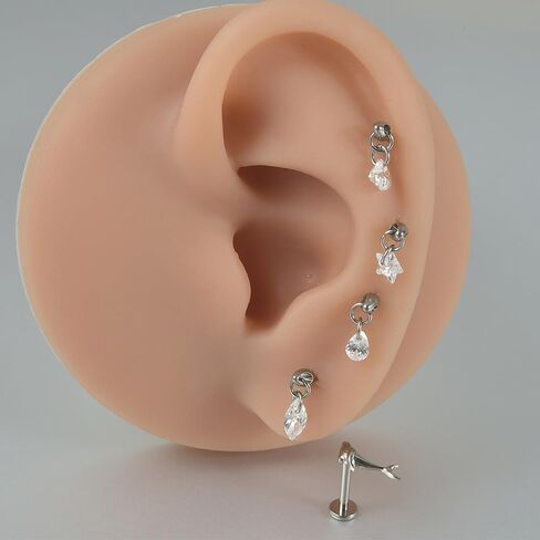 16G CZ Cartilage Studs Earrings Flat Back for Women Girls 316L Stainless Steel Sparkling Heart Star Dolphin Teardrop Diamond Dangle Studs Body Piercing Jewelry in Saudi Arabia