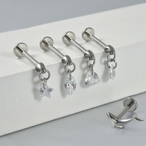 16G CZ Cartilage Studs Earrings Flat Back for Women Girls 316L Stainless Steel Sparkling Heart Star Dolphin Teardrop Diamond Dangle Studs Body Piercing Jewelry in Saudi Arabia
