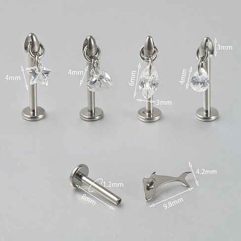 16G CZ Cartilage Studs Earrings Flat Back for Women Girls 316L Stainless Steel Sparkling Heart Star Dolphin Teardrop Diamond Dangle Studs Body Piercing Jewelry in Saudi Arabia