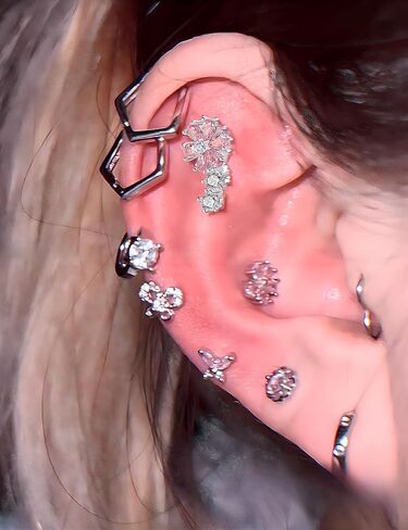 WhiteGold Cubic Zirconia Cartilage Eearrings Flat Back - Flower Snake Star Heart Cartilage Stud Eearrings for Women Men Conch Tragus Helix Earlobe Small Surgical Stainless Steel Studs in Saudi Arabia
