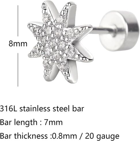 WhiteGold Cubic Zirconia Cartilage Eearrings Flat Back - Flower Snake Star Heart Cartilage Stud Eearrings for Women Men Conch Tragus Helix Earlobe Small Surgical Stainless Steel Studs in Saudi Arabia