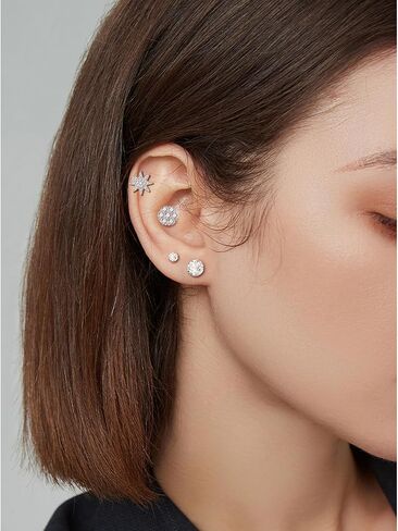 WhiteGold Cubic Zirconia Cartilage Eearrings Flat Back - Flower Snake Star Heart Cartilage Stud Eearrings for Women Men Conch Tragus Helix Earlobe Small Surgical Stainless Steel Studs in Saudi Arabia