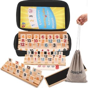 Rummy Cube 4 Player Edition with 4 Wooden Racks,108 Tiles Rummy Cube Game Original with Portable Case，Drawstring Bag Rummy Game Large Number Rummy Tiles Travel Game Set for Family Classic Board Games
