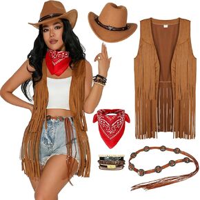 GERVAISE Womens Western Cowgirl Costume 70s Hippie Tassels Fringe Vest outfit Hat 5pcs