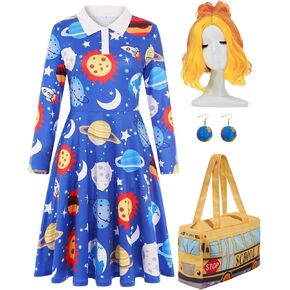 5 Pcs Women Teacher Costume Adult Long Sleeve Planet Peter Pan Collar Dress Halloween Storybook Character Costumes