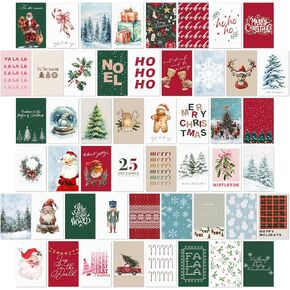 TwoDays Christmas Wall Art Collage Kit, Retro Xmas Cards, Classic Holiday Santa Poster for Room Decor, Boho Aesthetic Pine Tree Cheers Artwork Picture Postcards Prints. (Set of 50, 4" × 6")