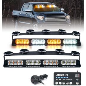 LUMENIX LED Emergency Dash Strobe Lights Bar w/Controller Front Windshield Visor Deck Safety Warning Flashing Traffic Caution Hazard Light for Construction Vehicles Work Trucks - White Amber