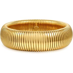 Gold Bangles for Women - 18K Gold Plated Stainless Steel Chunky Stretch Bracelets Stackable Snake Link Chain Flexible Wide Wristband Bracelets.