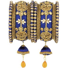 Aheli Royal Design Faux Stone Studded Silk Thread Bangle Chuda Set with Jhumki Tassel Hanging Indian Wedding Fashion Jewelry Gift for Women
