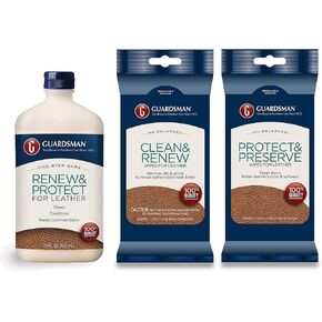 Guardsman Leather Care Bundle - Renew & Protect 16 oz with Clean & Renew and Protect & Preserve Wipes - Removes Dirt & Grime, Retains Color and Softness, Great for Leather Furniture & Car Interiors