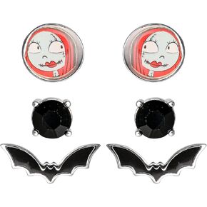 Disney Nightmare Before Christmas Jewelry, Silver Plated Tim Burton Stud Earring Set, 3 Pairs