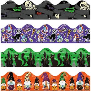 60pcs Halloween Bulletin Board Borders, 69ft Halloween Classroom Border 4 Design Skeleton Plank Dwarf Black Cat Haunted Castle Bulletin Board Trim for Halloween Classroom Party Decorations