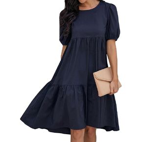 Women 2024 Puff Short Sleeve Summer Dress Smocked Swiss Dot Swing Flowy Ruffle Babydoll Dress Tiered Midi Dress