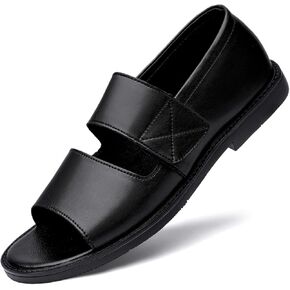 Men's Hollow out Hook and Loop Flat Leather Sandals Casual Open Toe Breathable Flat Heel Non-Slip Walking Business Beach water Shoes