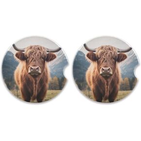 Highland Cow Car Coasters 2 Pack Absorbent Car Cup Holder Coaster 2.5" Ceramic Drinks Coaster with Finger Notch & Cork Base