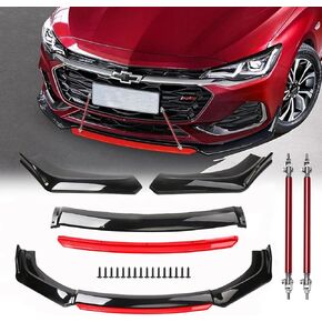 5Pcs Adjustable A Style Front Bumper Lip Chin Splitter Spoiler Air Dam Fit 66.9"-76.7" Width Cars + 2Pcs Adjustable 8"-11" Front Splitter Rods, Glossy Black w/Red