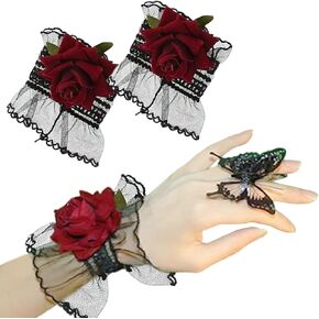 Lolita Red Rose Lace Gloves Gothic Short Lace Black Wristlet Fingerless Wristband Hand Sleeve Dress Accessories for Halloween Masquerade Cosplay Wedding
