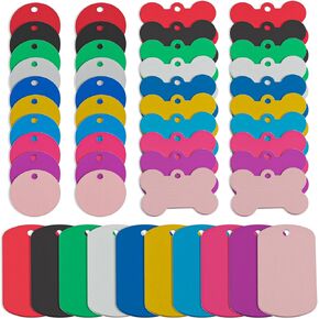 Framendino, 60 Pack Pet ID Tag Colorful Blank Double Sided Aluminum Charms for Dog Cat DIY Crafts Jewelry Making 10 Colors 3 Different Shapes