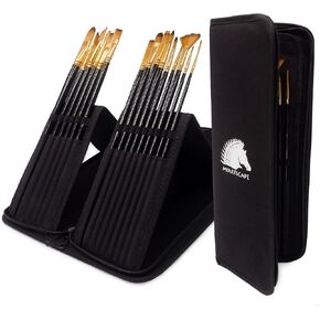 MyArtscape Paint Brushes - 15 Pc Brush Set for Watercolor, Acrylic, Oil & Face Painting | Long Handle Artist Paintbrushes with Travel Holder (Black) with Gifting Box | Premium Art Supplies