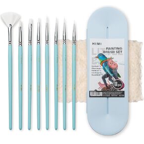 HIMI Paint Brushes Set 8 Pcs for Acrylic Oil Gouache/Watercolor Paint，2 Flat & 2 Round & 2 Liner &1 Filbret &1 Fan, 8pcs Brushs, Nice Gift for Art hobbyist Beginners Artists (Pink,8Pcs)