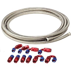 20Ft 8AN AN8 Stainless Steel Braided Oil Gas Fuel Line Hose + 10pcs 8AN Hose Fitting Kit Blue+Red