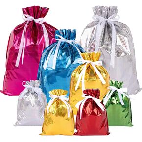G2PLUS 20PCS Christmas Drawstring Gift Bags Assorted Sizes, Goodie Bags with Ribbon, 8 Designs Aluminum Foil Christmas Bags, Present Wrapping Bags for Packages, Holidays, and Birthday Party