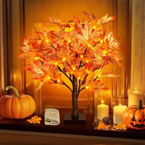 FastDeng 1.5ft Lighted Maple Tree, Artificial Fall Tree Light, Timer 36 LED Light, 72 Leaves, 6 Acorns Autumn Tabletop Tree Battery Operated for Indoor Fall Harvest Home Decor, Thanksgiving Decoration