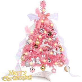 Mini Pink Christmas Tree with Lights, 22" Pink Small Artificial Tabletop Christmas Tree Decorations with Ribbon Ornaments Bow for Home DIY Christmas Tree Window Desktop Xmas Office Party Decor