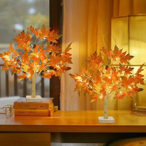 Luditek Fall Decor 2-Packs Maple Fall Light Up Tree w/ 24 Led 22-Inch White Tree Battery Operated for Fall Halloween Decorations Thanksgiving Christmas for Home Indoor Outdoor Table Bedroom