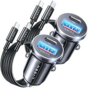 LISEN 54W USB C Car Charger [2 Pack+2 Cable][Mini&Metal] Cigarette Lighter USB Charger Fast Charging [PD+QC3.0] USBC Car Phone Charger Adapter for iPhone 15 Pro Max Plus 14 Samsung Galaxy S24 iPad Pro