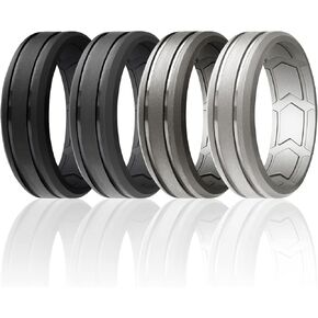 ROQ Silicone Wedding Band for Men - Breathable Silicone Rubber Ring Beveled Edge 2 Lines Duo Design - Inner Arrow Shape Grooves for Enhanced Breathability, 9.5 - 10 (19.8mm), Silicone, No Gemstone