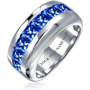Personalize Unisex Clear Simulated Blue Sapphire Channel Set Cubic Zirconia AAA CZ Princess Invisible Cut Wedding Band For Men Women .925 Sterling Silver 9MM Band Ring