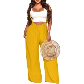 Nimsruc Womens Jumpsuit Casual Loose Sleeveless Adjustable Spaghetti Straps Wide Leg Pants Baggy Overalls With Pockets