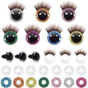 TOAOB 28pcs 12mm Safety Eyes Plastic Glitter Safety Eyes with Brown Eyelashes and Washers for Amigurumis 7 Colors Craft Crochet Eyes for DIY Puppet Bear Stuffed Animal Doll Making