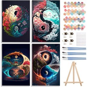 4 Pack Paint by Numbers Kits for Adults Beginners Framed Canvas, Adult Paint by Number Kit with Easel, Yin Yang Landscapes Painting by Numbers for Beginners, Arts and Crafts for Home Decor 8x12inch