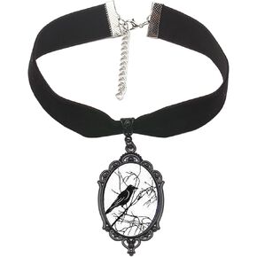 Gothic Velvet Raven Cross Glass Pendant Necklace,Vintage Victorian Bat Choker Necklace Goth Rope Chain Crow Choker Mystic Witch Halloween Jewelry Gift Accessories