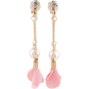 Grace Jun™ Gold Plated Handmade Frabic Flower Simulated Pearl Tassel Clip on Earrings No Pierced for Women