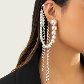 Octwine Pack of 1 Long Tassels Chain Imitation Pearl Clip Earring 1920s Stylish Elegant Nightclub Earring Jewelry for Women and Girls(Silver)