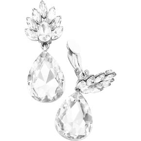 Rosemarie Collections Women's Statement Flower Petal Marquis Leaf Large Glass Crystal Teardrop Clip on Earrings, 2"