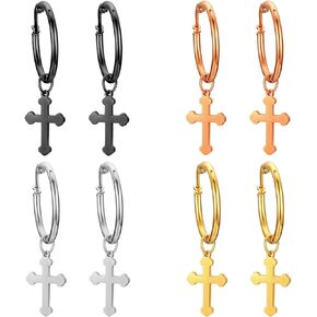 Cupimatch Women Silver Stainless Steel Clip Hinged Hoop Earrings with Religious Cross Dangle (cross hoop earrings)