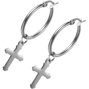 Cupimatch Women Silver Stainless Steel Clip Hinged Hoop Earrings with Religious Cross Dangle (cross hoop earrings)
