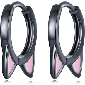 925 Sterling Silver Cat Ear Motif Hoop Earrings Clips for Women, Drip Painting Pink Earrings Jewellery Sets