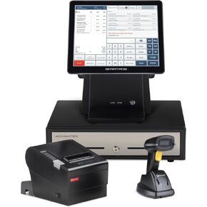 ماكينة تسجيل النقود الاحترافية SmartPOS-129 الكل في واحد للشركات الصغيرة، تتضمن حزمة نقاط البيع: شاشة لمس أمين الصندوق، شاشة عرض مواجهة للعملاء، درج للنقود، طابعة حرارية، ماسح ضوئي للباركود ثنائي الأبعاد