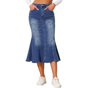 Allegra K Fishtail Denim Skirt for Women's Casual High Waisted Bodycon Midi Jean Skirts