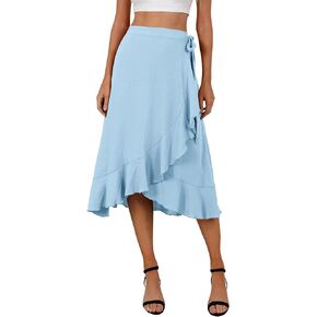 Women's Elegant Ruffle Wrap Asymmetrical Tie High Waist Long Skirt A-line Casual Loose Draped Flowy Skirts