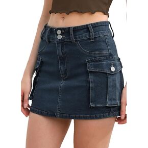Women Denim Cargo Skirt Low Waist Cargo Skirt for Women Y2K Mini Jean Skirt Buttons Cargo Skirt with Large Pockets
