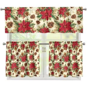 Christmas Kitchen Window Curtains Valance and Tier Set Poinsettia 3 Piece Sets Rod Pocket Short Curtains, Vintage Fall Window Treatment for Bathroom Living Room Bedroom