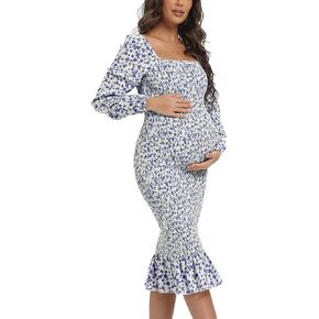 فساتين Bodycon صيفية للحوامل، أكمام طويلة منتفخة ورقبة مربعة وحاشية مكشكشة، فستان استحمام للأطفال باللون الأبيض مقاس XL